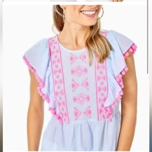 NWT Lilly Pulitzer Light Blue Raquelle Top with Pink Pom Trim - Picture 2 of 7